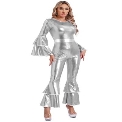 Hedmy Womens Adult 70s Disco Costume Shiny Foxy Lady Disco Retro Jumpsuit Romper Hippie Club Dancing Silver 3X-Large