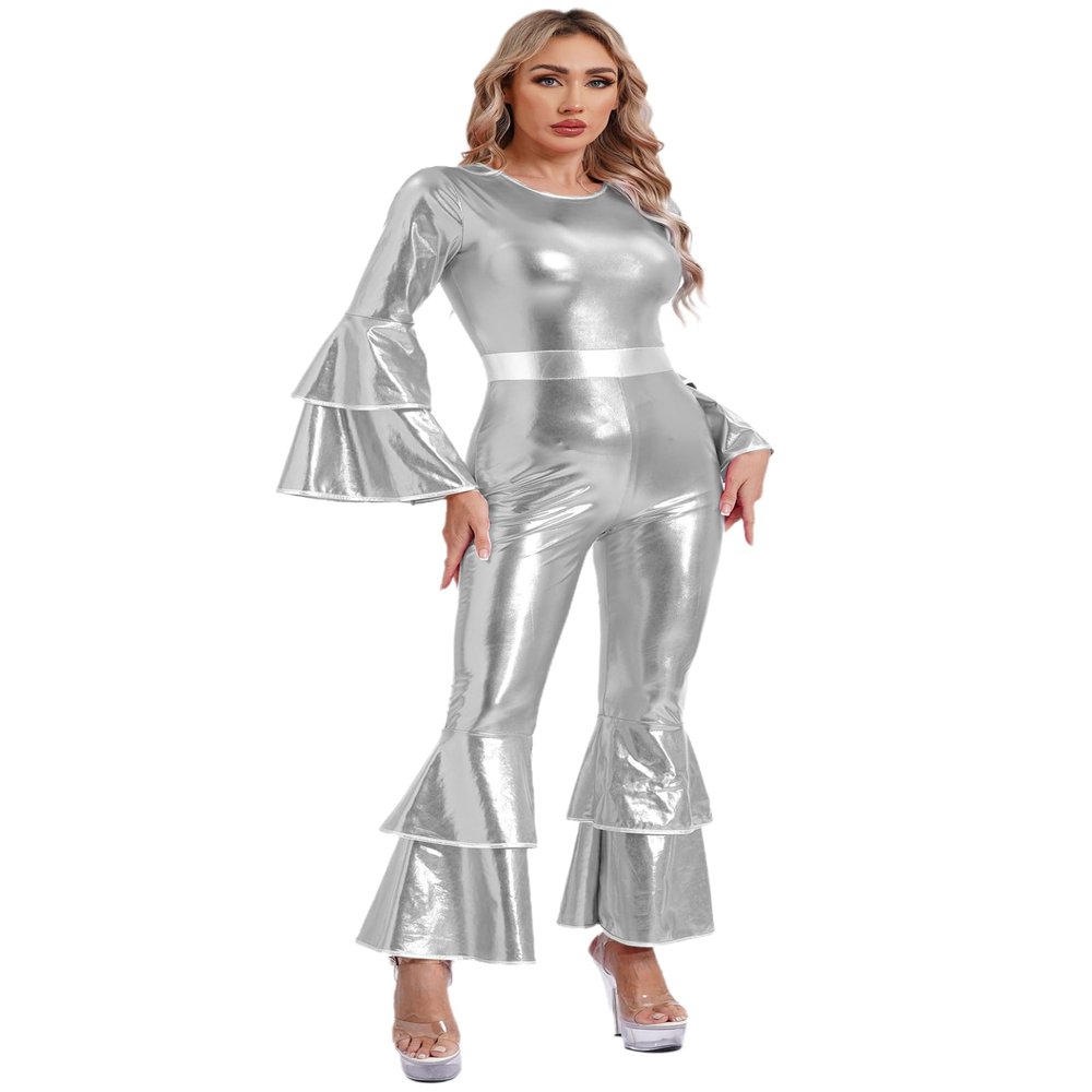 Hedmy Womens Adult 70s Disco Costume Shiny Foxy Lady Disco Retro Jumpsuit Romper Hippie Club Dancing Silver 3X-Large