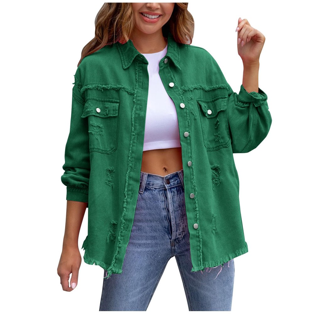 NineFit Basics Oversized Jean Jacket For Women,2024 Trendy Classic Lapel Button Up Frayed Hem Shacket,Casual Loose Long Sleeve Denim Jacket Boyfriend Distresse Ripped Trucker Coats(B-Dark Green,2XL)