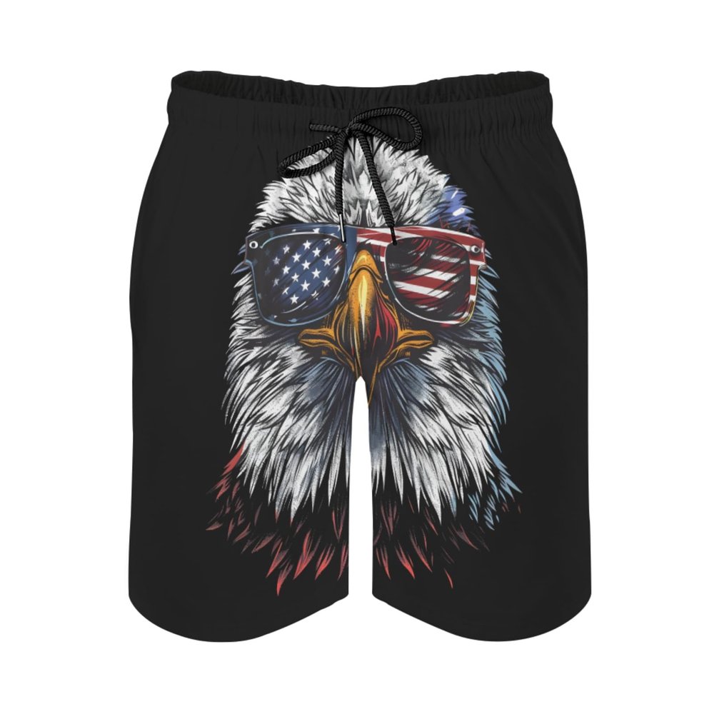 Pynnlts Cool Eagle Sunglasses American Flag Men's Swim Trunks Patriotic Eagle Summer Beach Shorts Bathing Pants with Pockets 6X_l