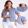 Allegra K Tweed Jacket Top for Women's Round Neck Short Sleeve Vintage Blouse X-Large Blue Purple view 2