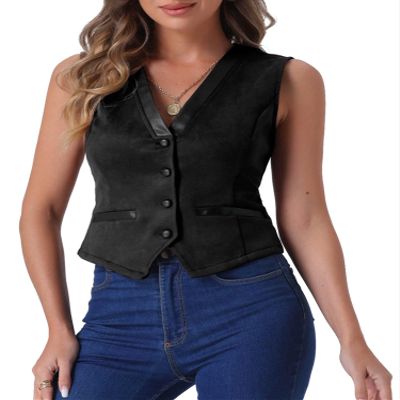 Allegra K Vintage Suit Waistcoat for Women's V Neck Faux Suede Button Down Sleeveless Jacket Vest Medium Black
