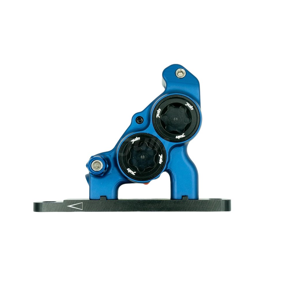 Juin JuinTECH ETF 4-Piston Road Hydraulic Disc Brake Caliper Flat Mount, 100% CNC Monobloc, Cable-Actuated for Mechanical STI, DOT Oil, 140mm (Blue)