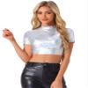 Allegra K Sparkle Tops for Women's Halloween Short Sleeve Mock Neck Party Metallic Crop Top Small Bright Silver view 1