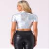 Allegra K Sparkle Tops for Women's Halloween Short Sleeve Mock Neck Party Metallic Crop Top Small Bright Silver view 2