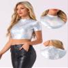 Allegra K Sparkle Tops for Women's Halloween Short Sleeve Mock Neck Party Metallic Crop Top Small Bright Silver view 3