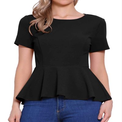 Allegra K Peplum Tops for Women's Short Sleeve Round Neck Stretch Business Classic Blouse Top X-Large Black