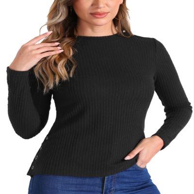 Allegra K Basic Knit Sweater for Women's Stretch Long Sleeve Crew Neck Casual Sweater Tops Medium Black