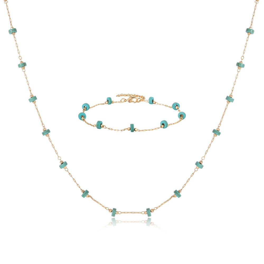 TONTMY STUDIOS Gold Turquoise Necklace Bracelets for Women Dainty Simple Beaded Choker Necklace Bracelet Turquoise Jewelry Set