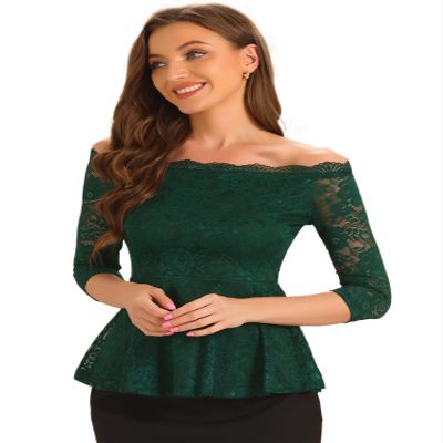 Allegra K Elegant Lace Blouse for Women's Semi Sheer 3/4 Sleeve Off Shoulder Peplum Top X-Small Dark Green