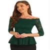 Allegra K Elegant Lace Blouse for Women's Semi Sheer 3/4 Sleeve Off Shoulder Peplum Top X-Small Dark Green view 1
