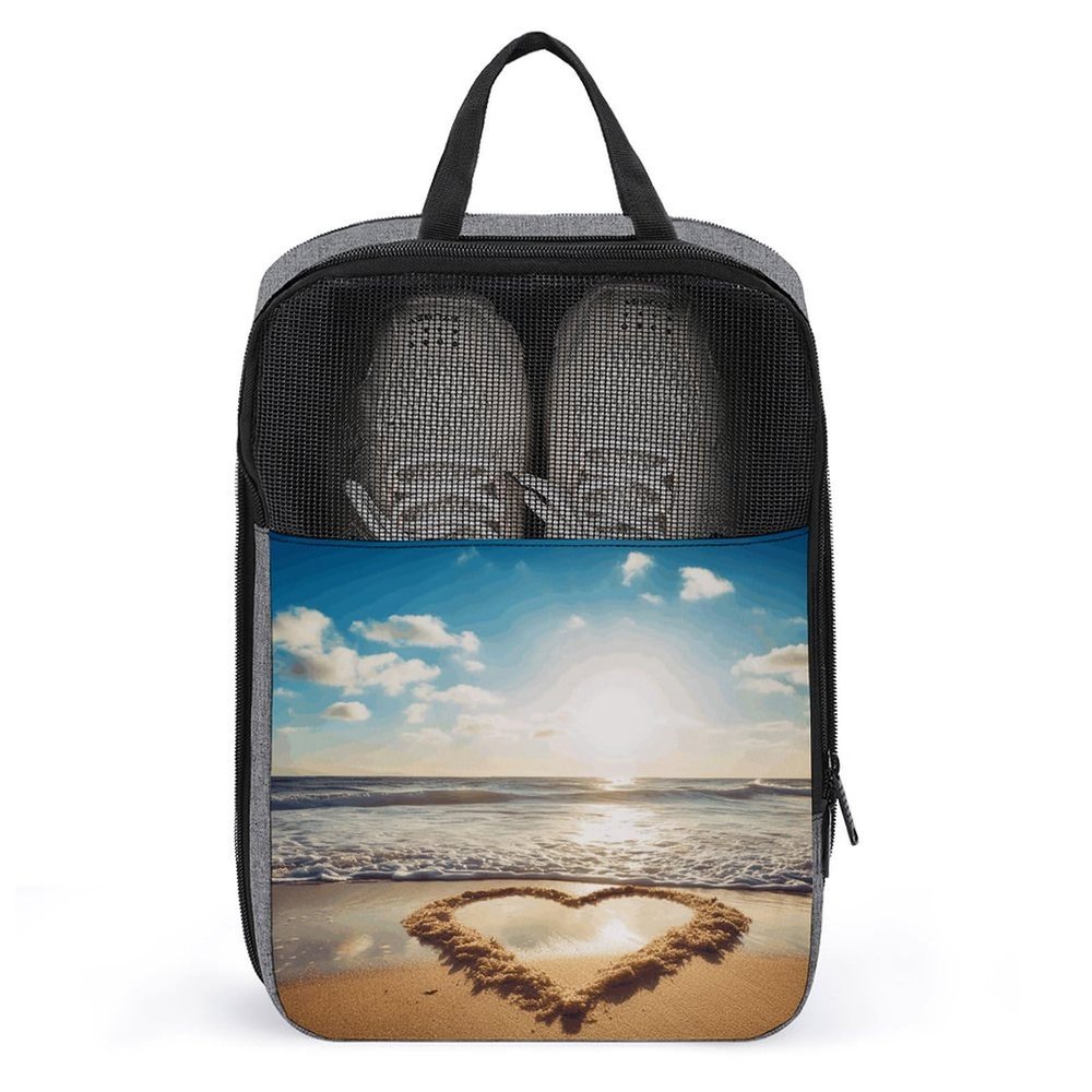 YHEGBFD Travel Shoe Bag,Heart Shape Romantic Beach Print Shoe Pouch,outdoor Zippered Carrier Shoe Bags,mens Womens Shoe Tote Bag, style