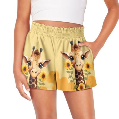 Uourmeti Sunflower Giraffe Girls Summer Shorts Size 13-14 Years High Waist Wide Leg Shorts with Pockets Casual Shorts for Teenagers Short Pants for Running Sportswear
