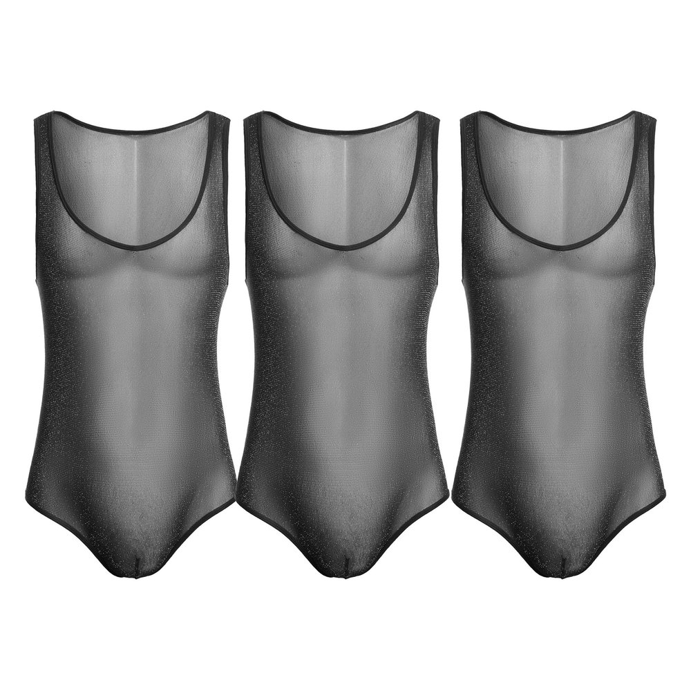 JEsilunmaMY Mens Sequin Lace Sheer Shapewear Stretch Sleeveless Bodysuit Body Shaper Slimming See Through Glitter Underwear (Black-3PC,Small)
