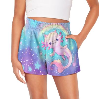 Uourmeti Star Axolotl Girls Paperbag Shorts Size 5-6 Years Elastic High Waist Shorts for Teens Casual Outfits Youth Summer Clothes Junior Active Running Short Pants