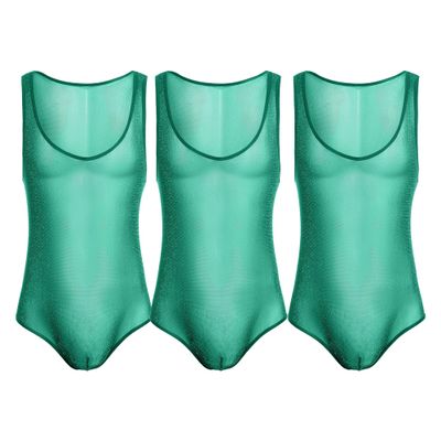 JEsilunmaMY Mens Sequin Lace Sheer Shapewear Stretch Sleeveless Bodysuit Body Shaper Slimming See Through Glitter Underwear (Green-3PC,X-Large)