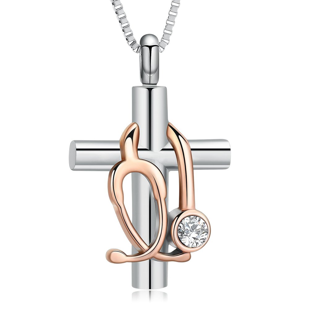 XSMZB Stethoscope Cross Urn Necklace for Ashes for Women Men Cremation Jewelry Human Pet Ash Holder Keepsake Pendant Memorial Locket(Silver-Rose Gold)