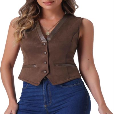 Allegra K Vintage Suit Waistcoat for Women's V Neck Faux Suede Button Down Sleeveless Jacket Vest X-Large Brown