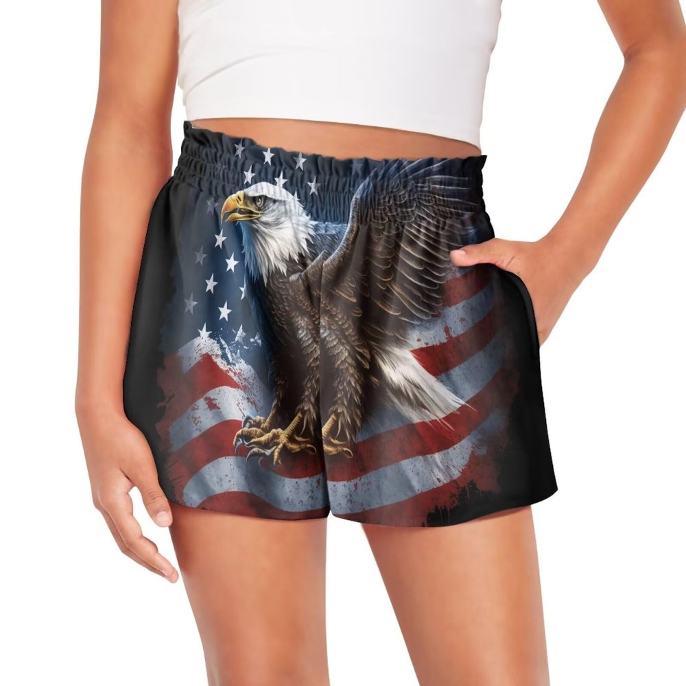 Uourmeti American Flag Eagle Kids Summer Shorts for Girls Size 9-10 Years Casual Outfits Athletic Shorts for Running Shorts with Pockets High Waisted Flowy Wide Leg Shorts