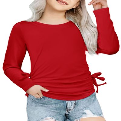 Arshiner Long Sleeve Shirts for Teen Girls & Kids - Casual Crew Neck Shirts - Red