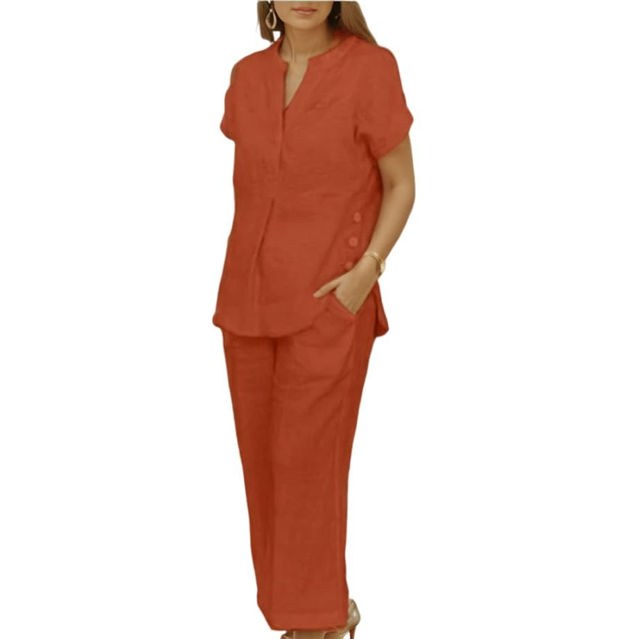 Womens Linen 2 Piece Casual Loose Matching Sets with Pockets Solid Summer Short Sleeve Top Wide Leg Pants Suit