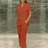 Womens Linen 2 Piece Casual Loose Matching Sets with Pockets Solid Summer Short Sleeve Top Wide Leg Pants Suit view 2