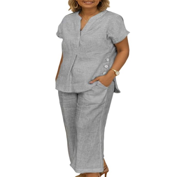 Womens Linen 2 Piece Casual Loose Matching Sets with Pockets Solid Summer Short Sleeve Top Wide Leg Pants Suit