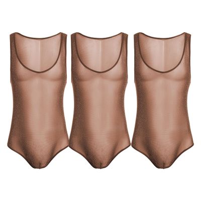 JEsilunmaMY Mens Sequin Lace Sheer Shapewear Stretch Sleeveless Bodysuit Body Shaper Slimming See Through Glitter Underwear (Coffee-3PC,Small)