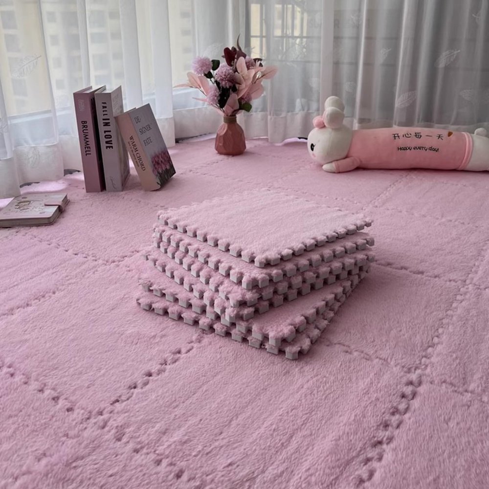 SUZEPER Plush Foam Interlocking Floor Mat with Border, Square Soft Climbing Area Rugs, Exercise Play Mats Floor Tiles for Home Parlor Bedroom(11.8x11.8x0.2in 10 Tiles, PinkA)
