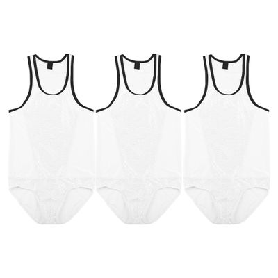 JEsilunmaMY Mens Lace Sheer Shapewear Tummy Control Bodysuit Full Body Shaper Slimming Compression Breathable Underwear (White-3PC,Medium)