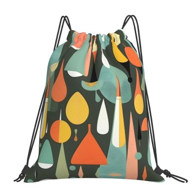 NOUZU Mid Century Modern Retro With Drop Shapes Print Sports Drawstring Backpack For Women Men, Lightweight Gym Bag For Gym Travel Swimming, White