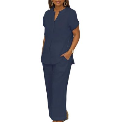 Womens Linen 2 Piece Casual Loose Matching Sets with Pockets Solid Summer Short Sleeve Top Wide Leg Pants Suit