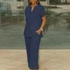 Womens Linen 2 Piece Casual Loose Matching Sets with Pockets Solid Summer Short Sleeve Top Wide Leg Pants Suit view 2