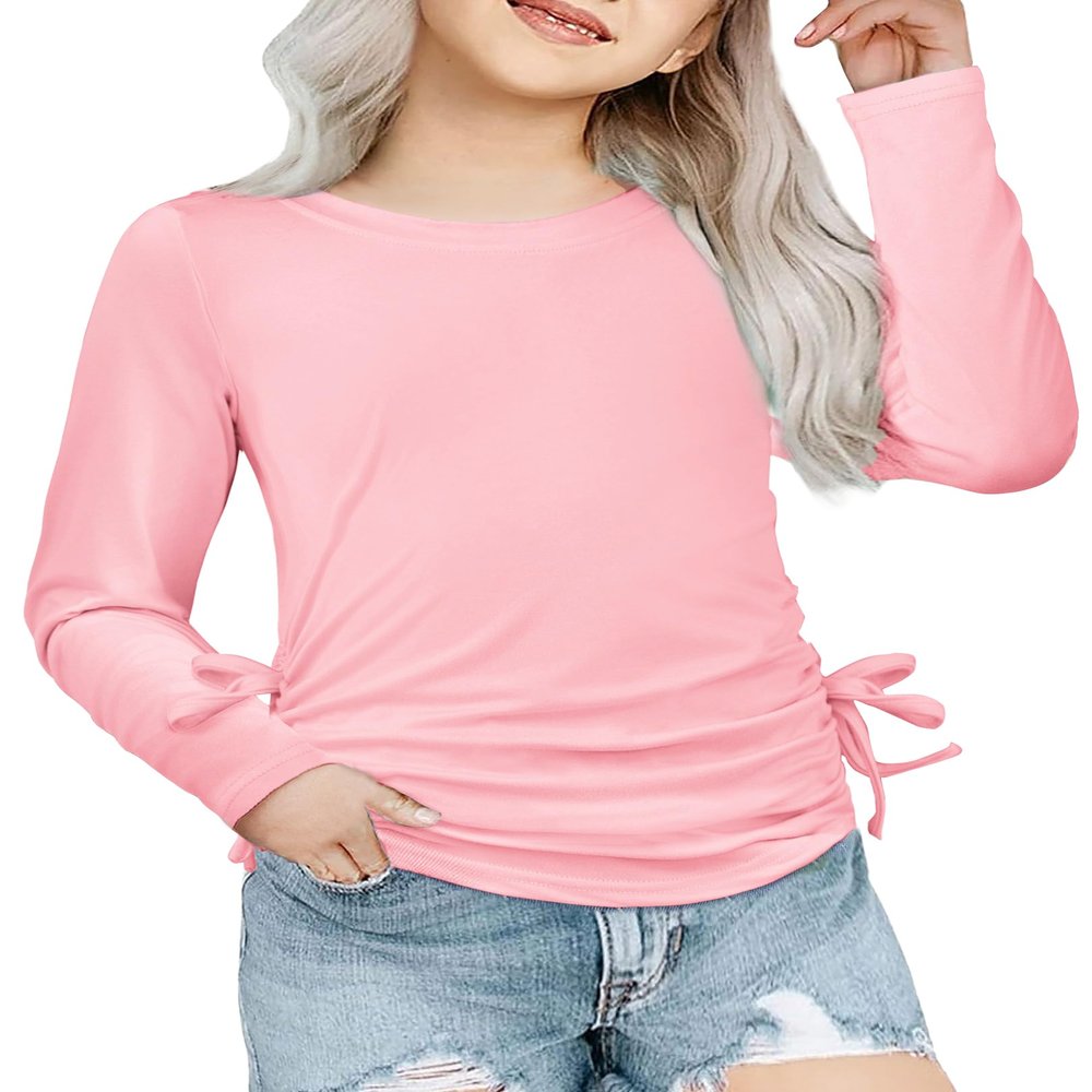 Arshiner Girls' Pink Long Sleeve Shirt with Ruched Knot Side, Pink Tunic Top for Casual Girls, Crew Neck, Size 10-11