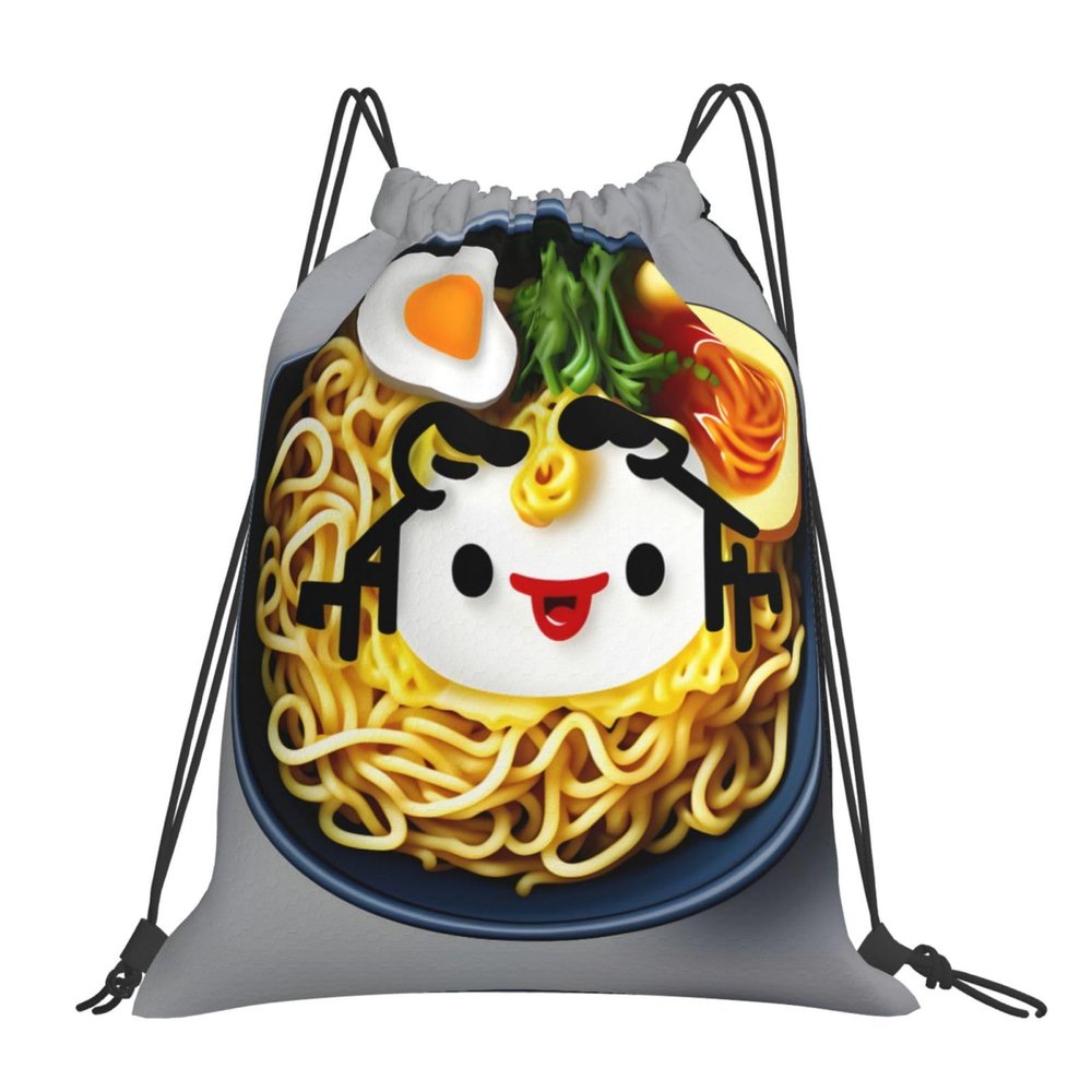 NOUZU Egg Cup Noodle Ramen Print Sports Drawstring Backpack For Women Men, Lightweight Gym Bag For Gym Travel Swimming, White