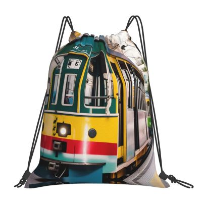 NOUZU Lisbon Tram Print Sports Drawstring Backpack For Women Men, Lightweight Gym Bag For Gym Travel Swimming, White