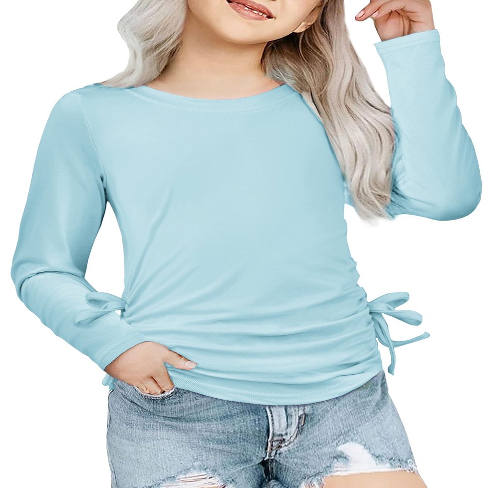 Arshiner Little Girls Dress Shirt with Ruched Knot Side, Casual Toddler Girls Crew Neck Shirts, Light Blue, Size 5T