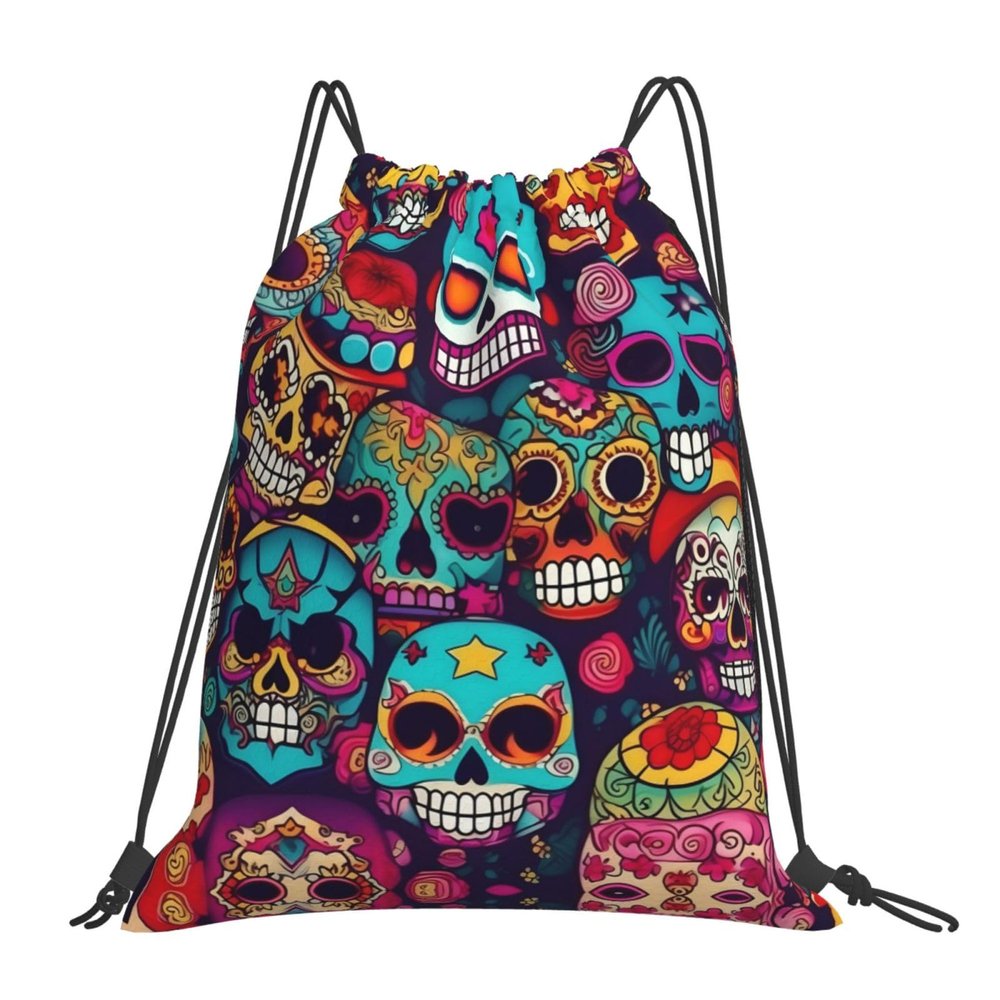 NOUZU Sugar Skulls Print Sports Drawstring Backpack For Women Men, Lightweight Gym Bag For Gym Travel Swimming, White