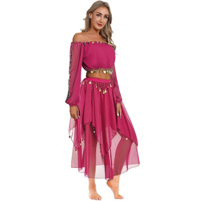 Alvivi Women's Belly Dance Costume Outfits Long Puff Sleeve Crop Top with Chiffon Dance Skirt Hot Pink One Size
