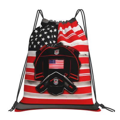 NOUZU Red Line Firefighter Usa Flag Print Sports Drawstring Backpack For Women Men, Lightweight Gym Bag For Gym Travel Swimming, White