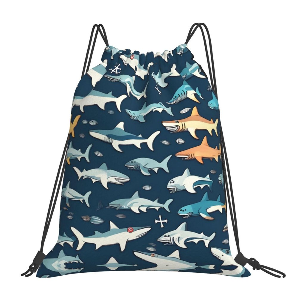 NOUZU Sharks Nautical Print Sports Drawstring Backpack For Women Men, Lightweight Gym Bag For Gym Travel Swimming, White