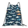 NOUZU Sharks Nautical Print Sports Drawstring Backpack For Women Men, Lightweight Gym Bag For Gym Travel Swimming, White view 1