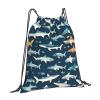 NOUZU Sharks Nautical Print Sports Drawstring Backpack For Women Men, Lightweight Gym Bag For Gym Travel Swimming, White view 2