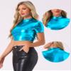 Allegra K Sparkle Tops for Women's Halloween Short Sleeve Mock Neck Party Metallic Crop Top Small Peacock Blue view 3