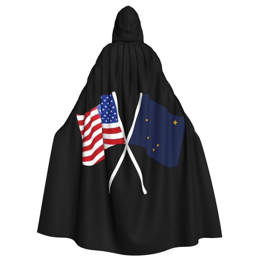 OKLRYNBV Unisex Adult Cape Party American and Alaska Flag Halloween Hooded Cape Black