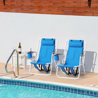 2 Pack Outdoor Beach Portable Lawn Chair,Portable Lightweight Folding Chair for Adults,Folding Beach Chair,Portable Backpack Foldable Camping Chair,with Cup Holder,for Patio Pool Yard Garden (Blue)