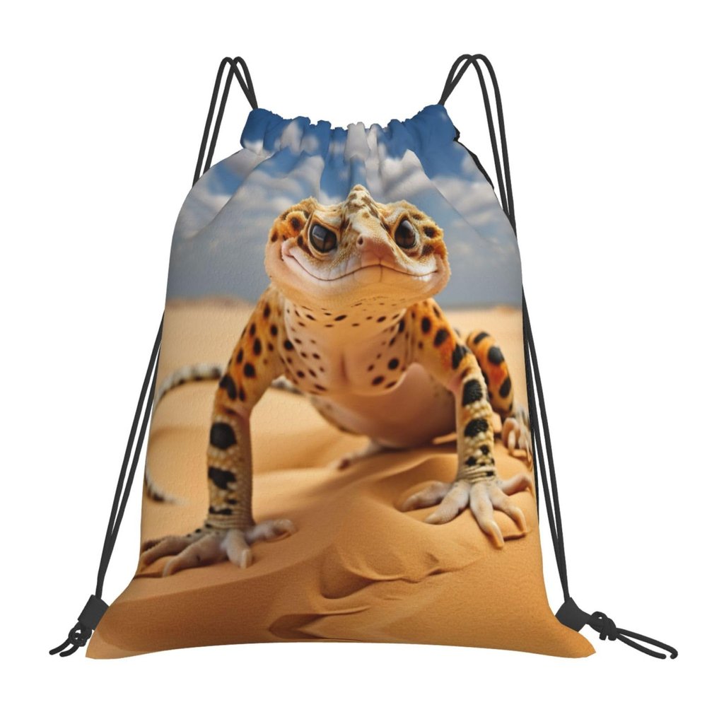 NOUZU Sand Leopard Gecko Print Sports Drawstring Backpack For Women Men, Lightweight Gym Bag For Gym Travel Swimming, White