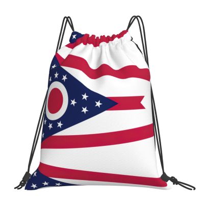 NOUZU Ohio State Flag Print Sports Drawstring Backpack For Women Men, Lightweight Gym Bag For Gym Travel Swimming, White