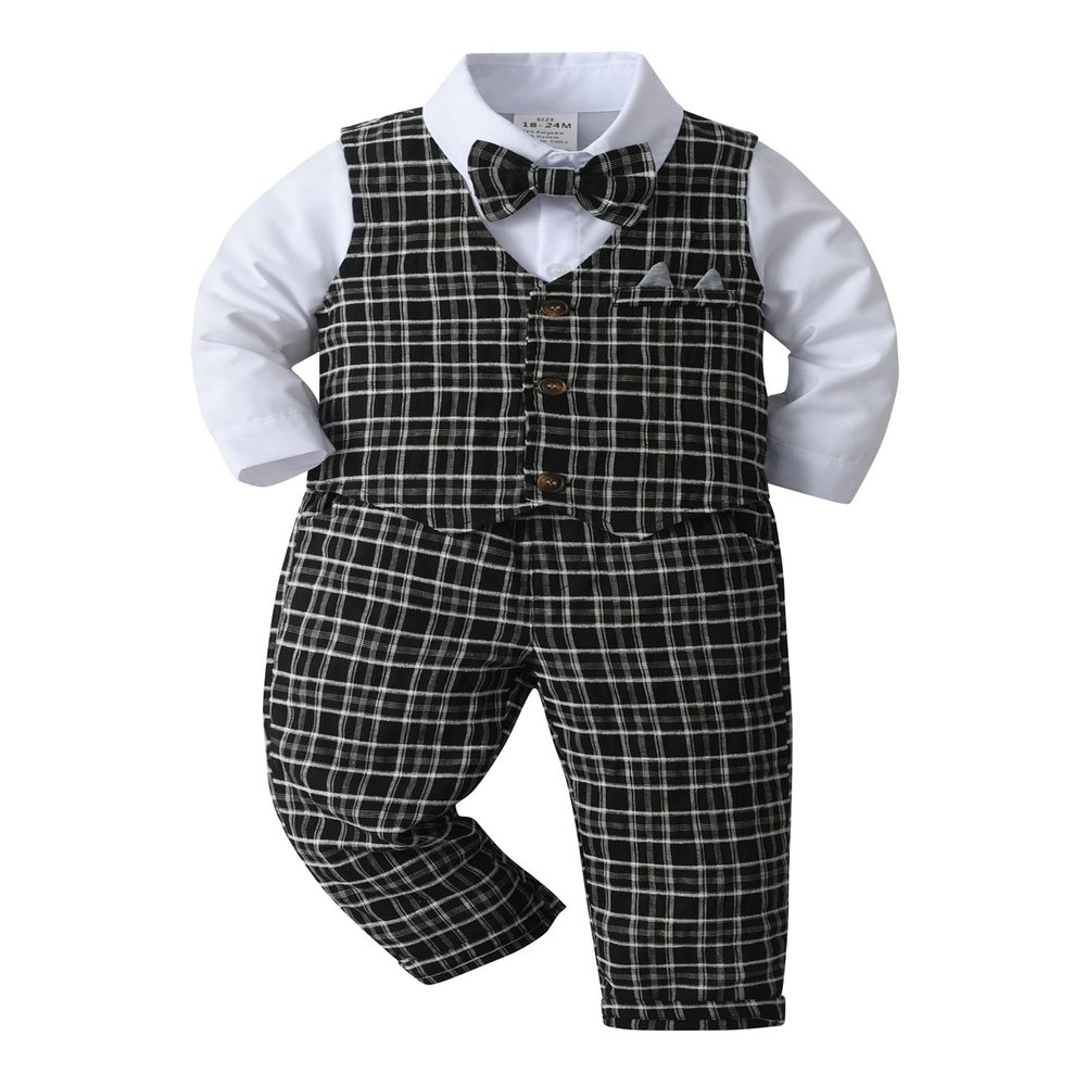 Boarnseorl Baby Boys Pants Sets,Infant Shirt+Pants+Bow Tie+Vest,Toddler Little Kids Gentleman Outfits,5-6Y