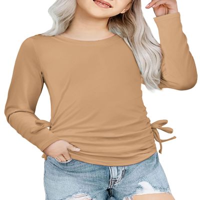 Arshiner Cute Girls' Shirts - Ruched Knot Side Kids' Casual Long Sleeve Crew Neck Teens Size 9-10 Khaki